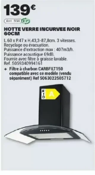 HOTTE VERRE INCURVEE NOIR 60CM