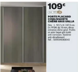 Porte placard coulissante chêne gris Valla