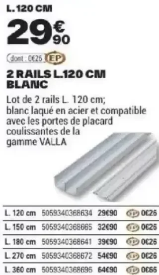 2 rails L.120 cm blanc Valla