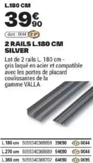 2 rails L.180 cm silver Valla