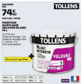 TOLLENS Peinture acrylique velours blanc 10 L