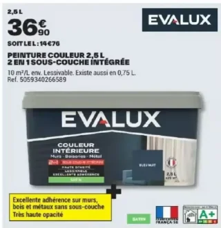 EVALUX Peinture couleur 2,5 L 2 en 1 sous-couche intégrée