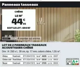 LOT DE 2 PANNEAUX TASSEAUX ACOUSTIQUES CHÊNE