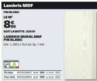 LAMBRIS MURAL MDF PIN BLANC