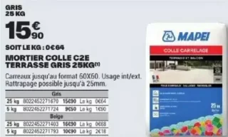 Mortier colle C2E terrasse gris Mapei 25kg