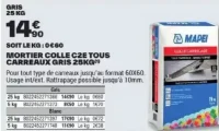 Mortier colle C2E tous carreaux gris Mapei 25kg