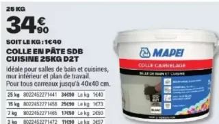 Colle en pâte SDB cuisine D2T Mapei 25 kg