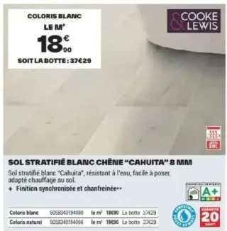Sol stratifié blanc chêne "Cahuita" 8 mm Cooke & Lewis