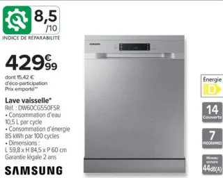 Lave vaisselle Samsung DW60CG550FSR