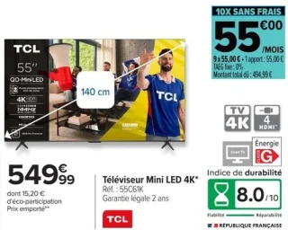 Téléviseur Mini LED 4K* TCL 55C61K