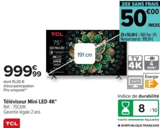 Téléviseur Mini LED 4K TCL 75C61K