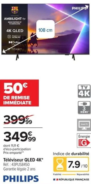 Téléviseur QLED 4K Philips 43PUS8450