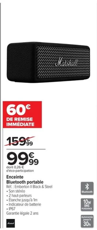 Enceinte Bluetooth portable Marshall Emberton II Black & Steel