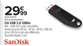 Clé USB 3.0 128Go SanDisk Cruzer ultra