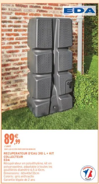 RECUPERATEUR D'EAU 310 L + KIT COLLECTEUR EDA