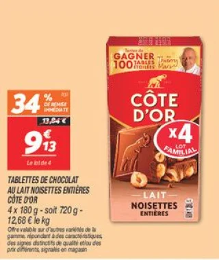 Tablettes de chocolat au lait noisettes entières
