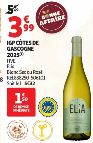 IGP Côtes de Gascogne 2025 HVE Elia Blanc Sec ou Rosé