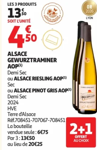 Alsace Gewurztraminer AOP ou Alsace Riesling AOP ou Alsace Pinot Gris AOP Terre d'Alsace