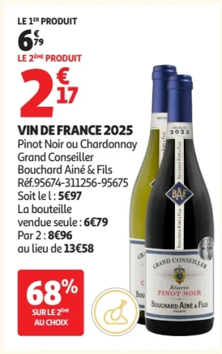 VIN DE FRANCE 2025 Pinot Noir ou Chardonnay Grand Conseiller Bouchard Aîné & Fils