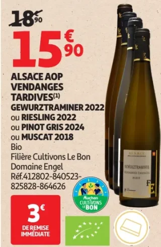 Alsace AOP Vendanges Tardives Gewurztraminer 2022 ou Riesling 2022 ou Pinot Gris 2024 ou Muscat 2018 Bio Domaine Engel