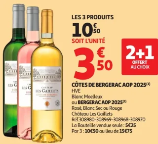 Côtes de Bergerac AOP 2025 HVE Blanc Moelleux ou BERGERAC AOP 2025 Rosé, Blanc Sec ou Rouge Château Les Gaillets