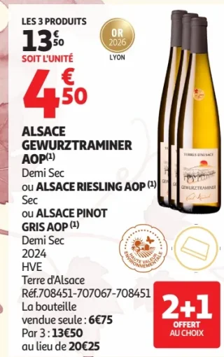 Alsace Gewurztraminer AOP ou Alsace Riesling AOP ou Alsace Pinot Gris AOP Terre d'Alsace