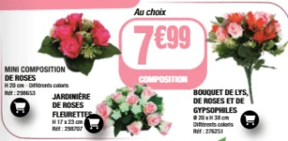 Composition au choix: Mini composition de roses / Jardinière de roses fleurettes / Bouquet de lys, de roses et de gypsophiles