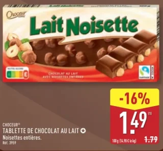 CHOCEUR® TABLETTE DE CHOCOLAT AU LAIT Noisettes entières.