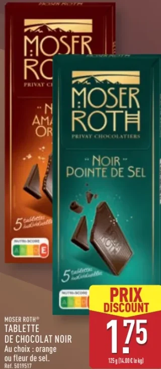 Moser Roth Tablette de Chocolat Noir Orange ou Fleur de Sel