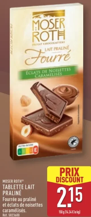 Moser Roth Tablette Lait Praliné Fourré