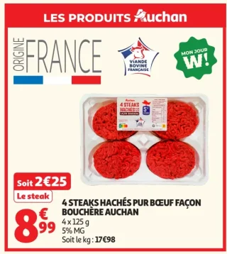 4 STEAKS HACHÉS PUR BŒUF FAÇON BOUCHÈRE AUCHAN