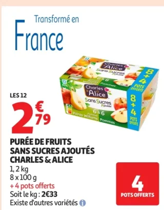 Purée de fruits sans sucres ajoutés Charles & Alice