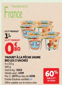Yaourt à la Pêche Jaune Bio Les 2 Vaches