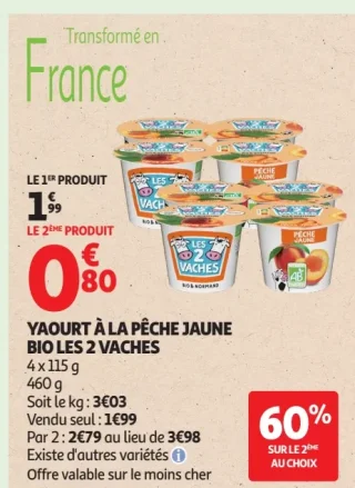 Yaourt à la Pêche Jaune Bio Les 2 Vaches