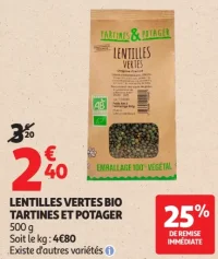 LENTILLES VERTES BIO TARTINES ET POTAGER