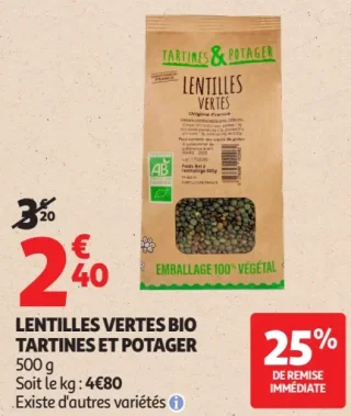 LENTILLES VERTES BIO TARTINES ET POTAGER