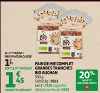 PAIN DE MIE COMPLET GRANDES TRANCHES BIO AUCHAN