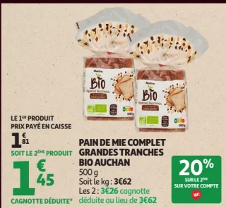 PAIN DE MIE COMPLET GRANDES TRANCHES BIO AUCHAN