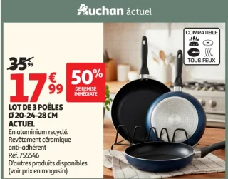 Lot de 3 poêles Ø 20-24-28 cm Auchan actuel