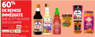60% de remise immédiate sur le 2ème au choix sur la gamme (Kikkoman, Mizkan, Go-Tan, Hikari Miso, Oyakata, Real Thai, Patak's, S&B)