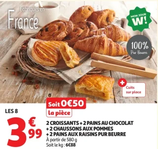 2 Croissants + 2 Pains au chocolat + 2 Chaussons aux pommes + 2 Pains aux raisins pur beurre