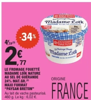 Le fromage fouetté Madame Loïk nature au sel de Guérande 24% Mat. Gr. Maxi Format Paysan Breton