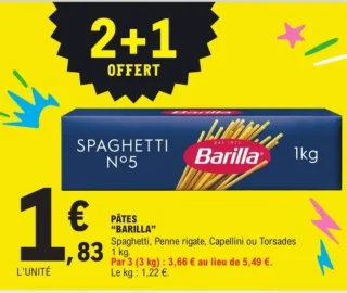 PÂTES "BARILLA" Spaghetti, Penne rigate, Capellini ou Torsades