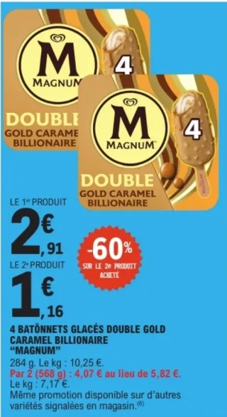 4 bâtonnets glacés double gold caramel billionaire "Magnum"