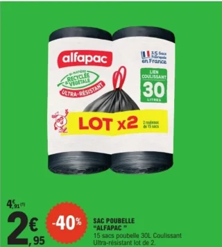 SAC POUBELLE “ALFAPAC” 15 sacs poubelle 30L Coulissant Ultra-résistant lot de 2.