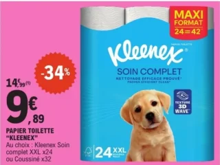 PAPIER TOILETTE “KLEENEX” Au choix : Kleenex Soin complet XXL x24 ou Coussiné x32