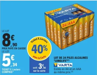 Lot de 24 piles alcalines Varta Longlife AAA ou AA