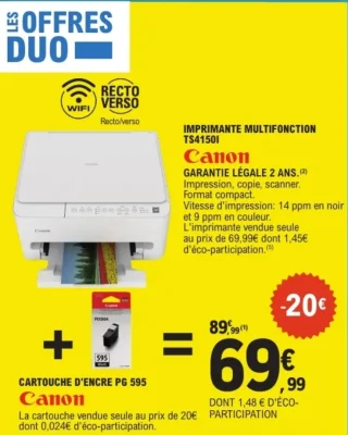 Offre Duo: Imprimante Multifonction Canon TS4150I + Cartouche d'encre PG 595