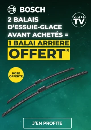 2 balais avant achetés = 1 balai arrière offert sur la marque Bosch