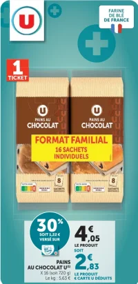 Pains au chocolat U Format Familial 16 sachets individuels